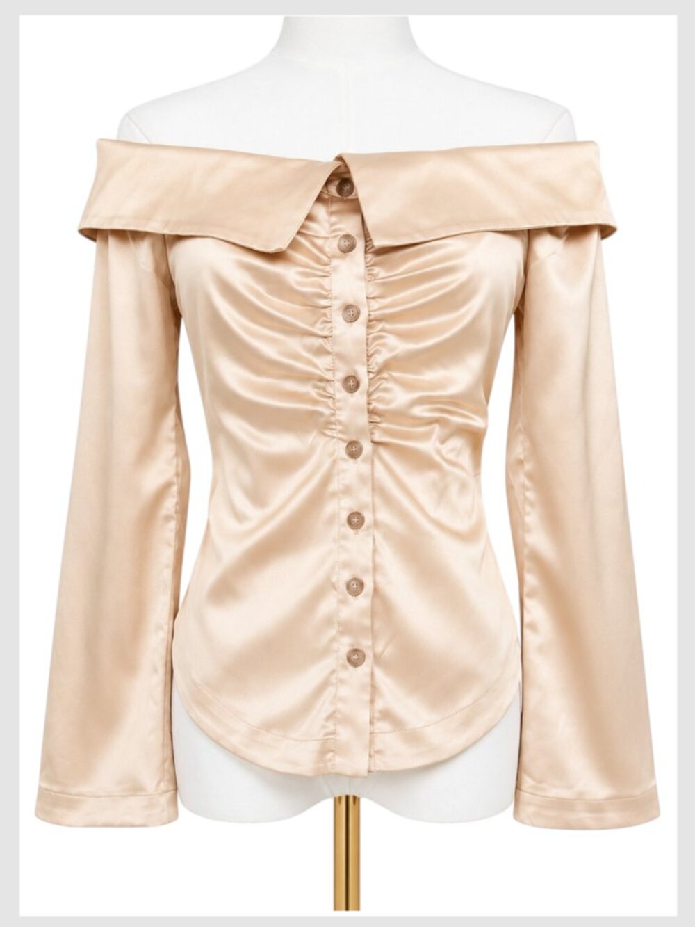 Anthropologie Off Shoulder Satin Ruched Blouse Champagne Cream XS - Picture 2 of 9